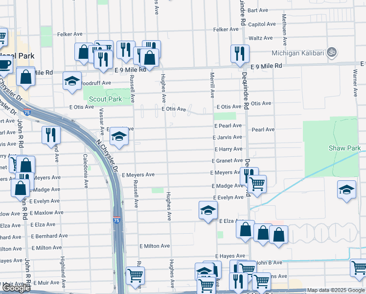 map of restaurants, bars, coffee shops, grocery stores, and more near 1463 East Granet Avenue in Hazel Park