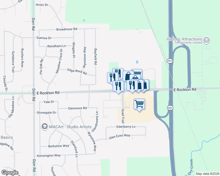 map of restaurants, bars, coffee shops, grocery stores, and more near 4564 East Rockton Road in Roscoe