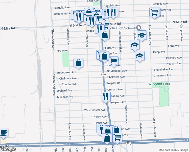 map of restaurants, bars, coffee shops, grocery stores, and more near 7536 Chalmers Avenue in Warren