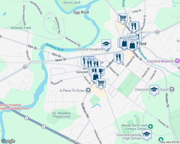 map of restaurants, bars, coffee shops, grocery stores, and more near 12 Byron Street in Concord