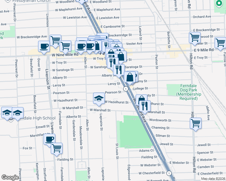 map of restaurants, bars, coffee shops, grocery stores, and more near 290 Pearson Street in Ferndale