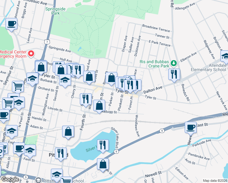 map of restaurants, bars, coffee shops, grocery stores, and more near 638 Tyler Street in Pittsfield