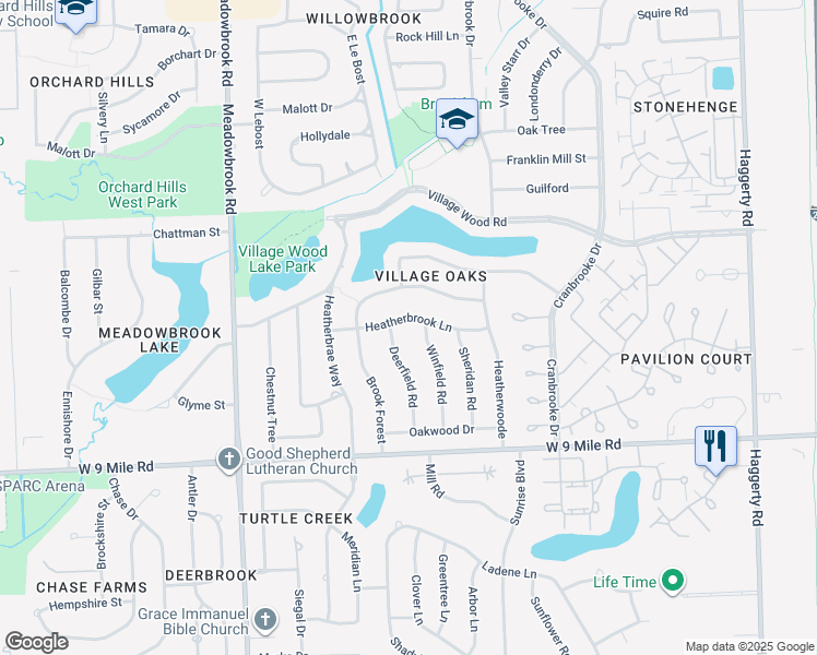 map of restaurants, bars, coffee shops, grocery stores, and more near 22690 Deerfield Road in Novi
