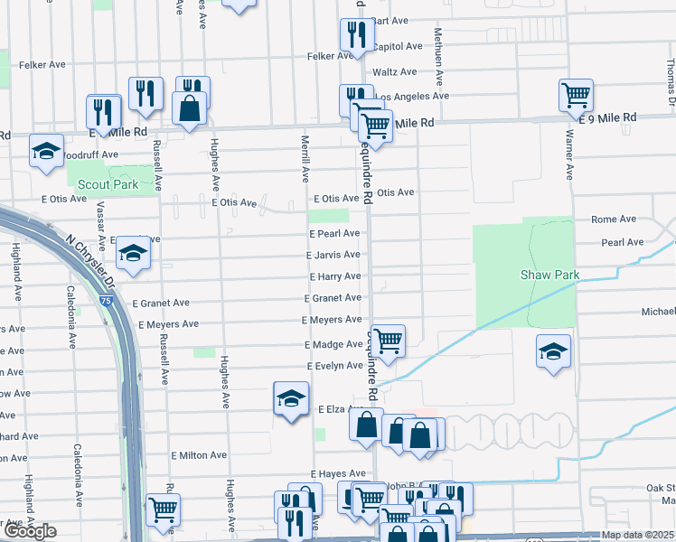 map of restaurants, bars, coffee shops, grocery stores, and more near 1771 East Harry Avenue in Hazel Park