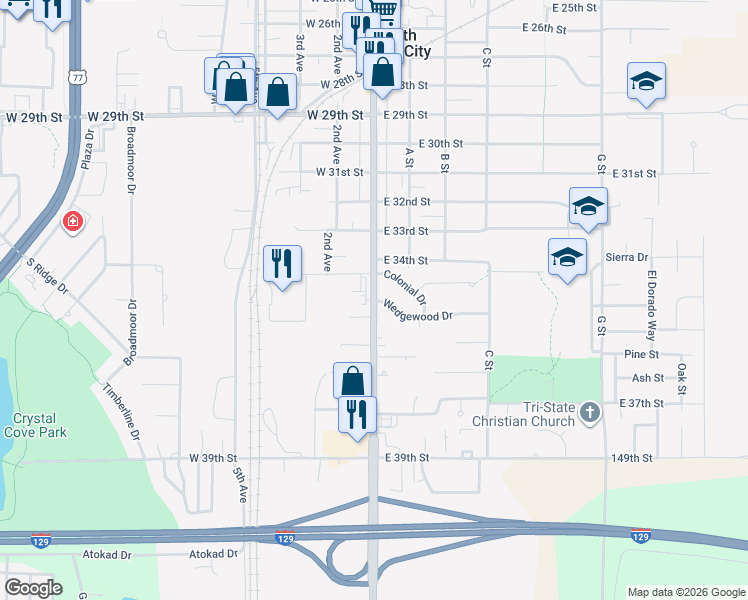 map of restaurants, bars, coffee shops, grocery stores, and more near 101 Wedgewood Drive in South Sioux City