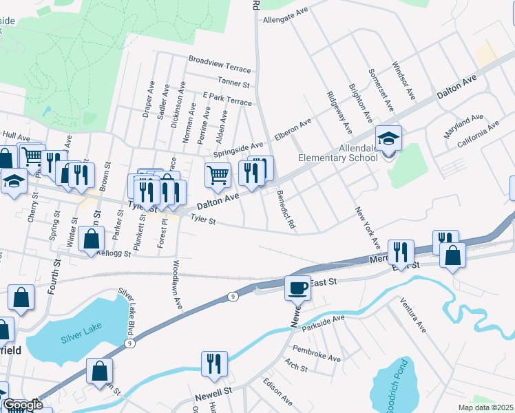 map of restaurants, bars, coffee shops, grocery stores, and more near 1045 Tyler Street in Pittsfield