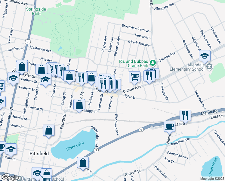 map of restaurants, bars, coffee shops, grocery stores, and more near 804 Tyler Street in Pittsfield