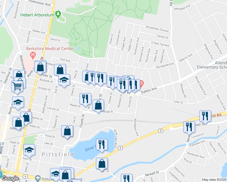 map of restaurants, bars, coffee shops, grocery stores, and more near 34 Parker Street in Pittsfield