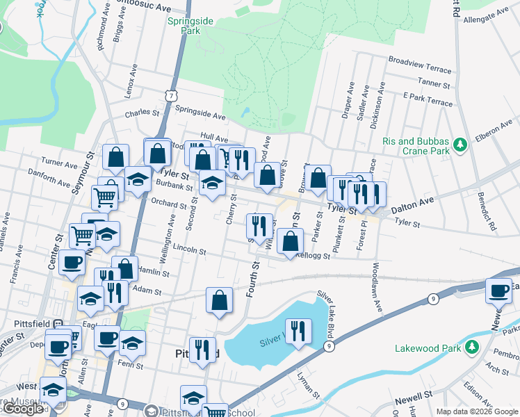 map of restaurants, bars, coffee shops, grocery stores, and more near 38 Spring Street in Pittsfield