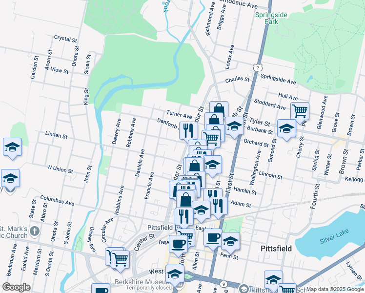map of restaurants, bars, coffee shops, grocery stores, and more near 40 Linden Street in Pittsfield
