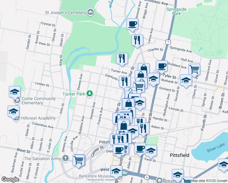 map of restaurants, bars, coffee shops, grocery stores, and more near 40 Linden Street in Pittsfield