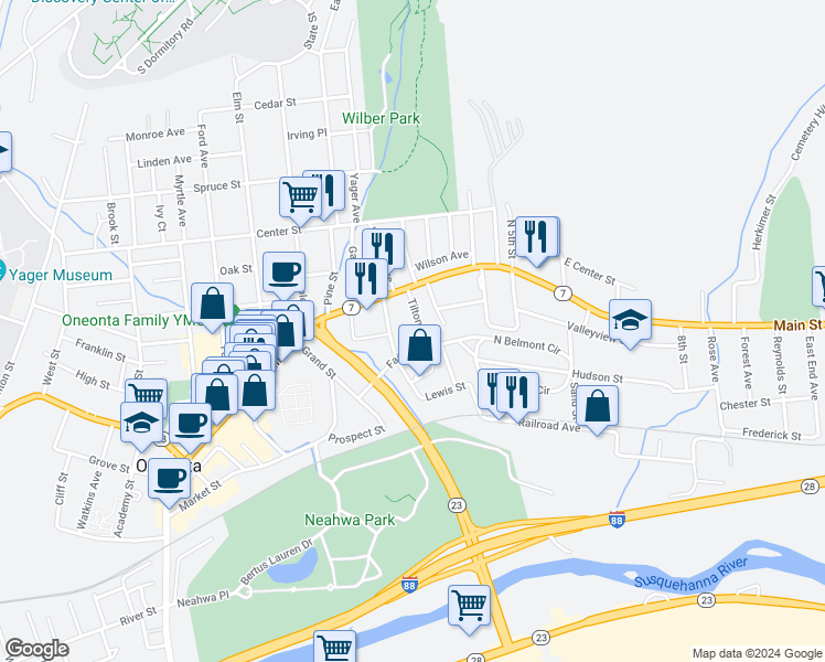 map of restaurants, bars, coffee shops, grocery stores, and more near 28 Fair Street in Oneonta