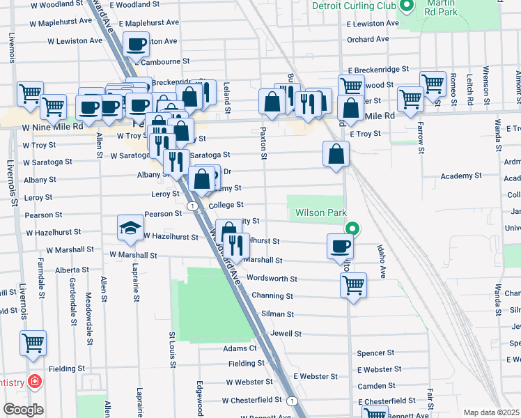 map of restaurants, bars, coffee shops, grocery stores, and more near 242 University Street in Ferndale