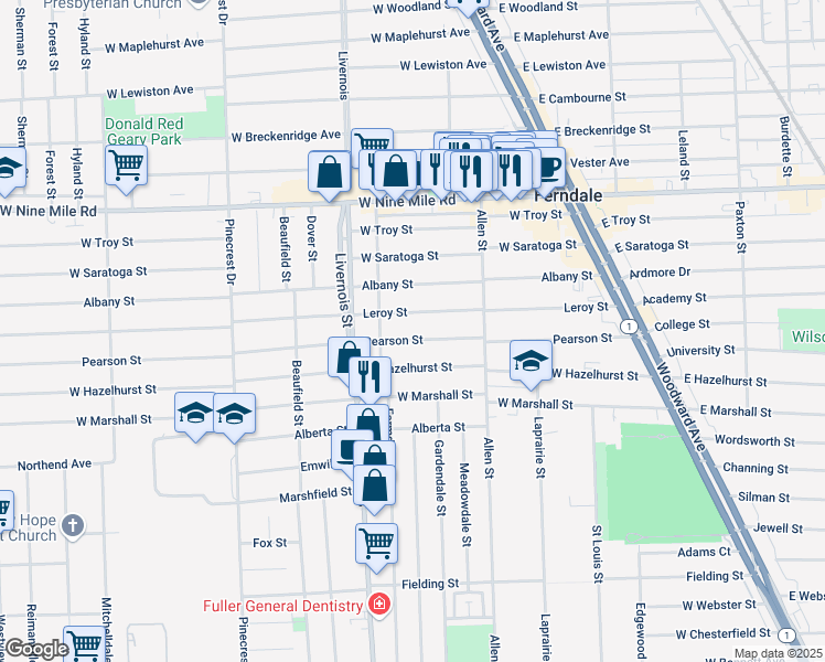 map of restaurants, bars, coffee shops, grocery stores, and more near 676 West Hazelhurst Street in Ferndale
