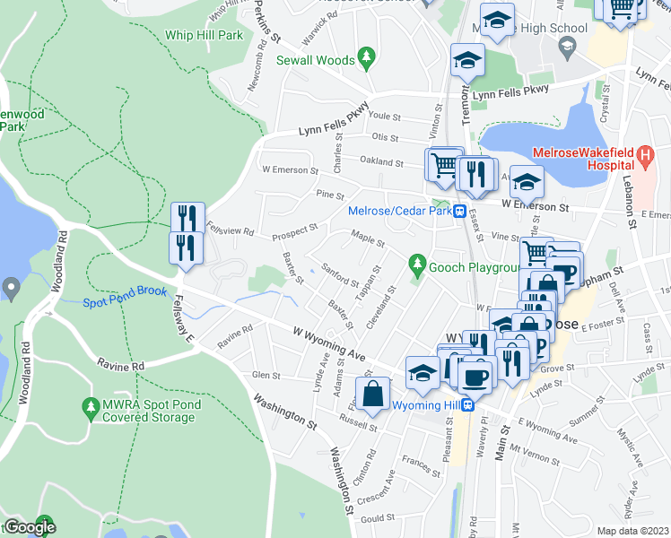map of restaurants, bars, coffee shops, grocery stores, and more near 73 Sanford Street in Melrose