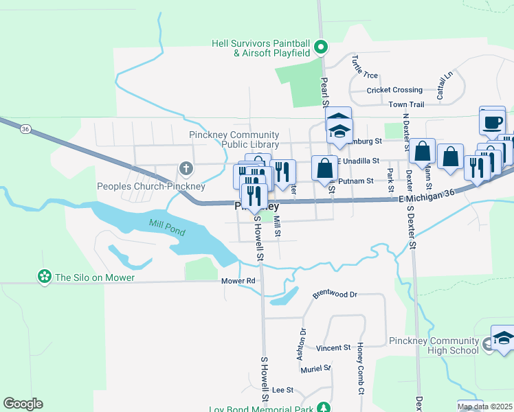 map of restaurants, bars, coffee shops, grocery stores, and more near in Pinckney