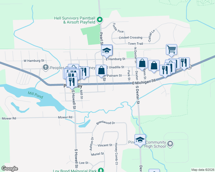 map of restaurants, bars, coffee shops, grocery stores, and more near 514 East Main Street in Pinckney