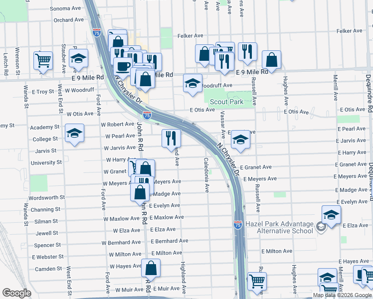 map of restaurants, bars, coffee shops, grocery stores, and more near 536 East Jarvis Avenue in Hazel Park