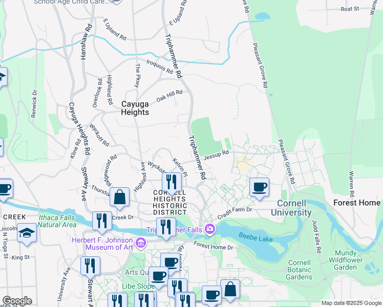 map of restaurants, bars, coffee shops, grocery stores, and more near 213 Dearborn Place in Ithaca