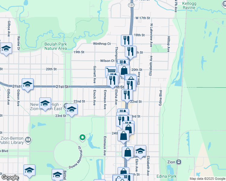 map of restaurants, bars, coffee shops, grocery stores, and more near 2115 Emmaus Avenue in Zion