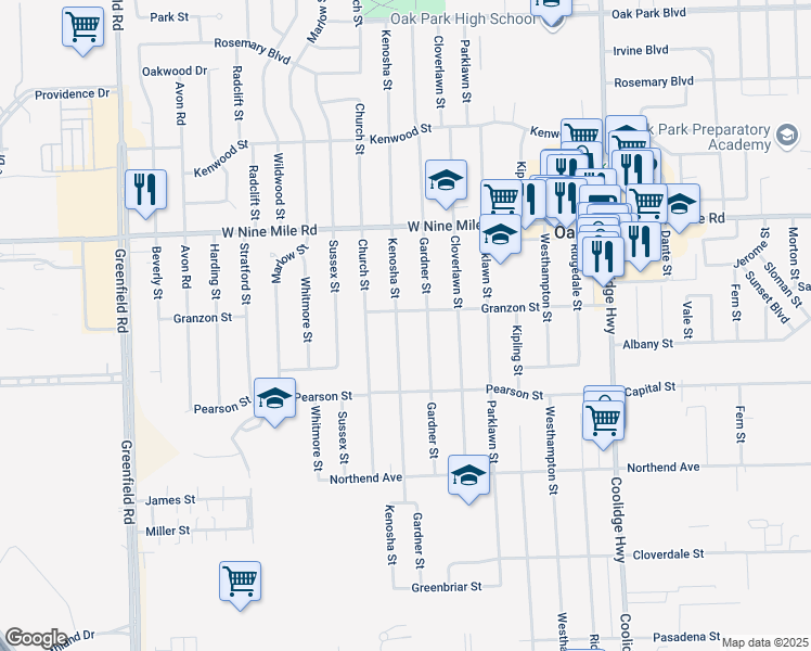 map of restaurants, bars, coffee shops, grocery stores, and more near 21870 Kenosha Street in Oak Park
