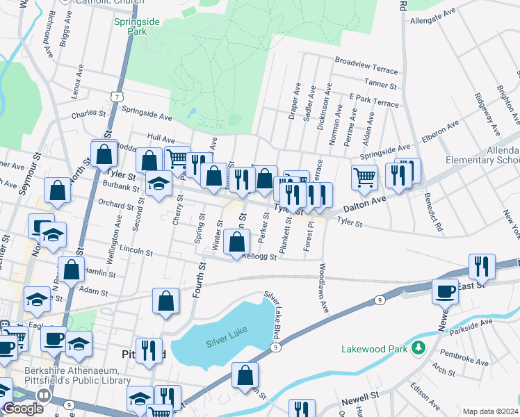 map of restaurants, bars, coffee shops, grocery stores, and more near 598 Tyler Street in Pittsfield