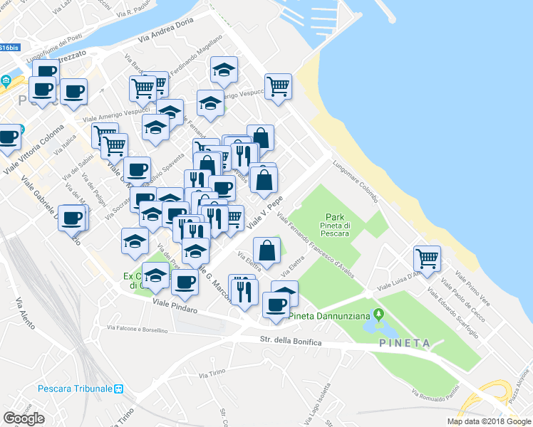map of restaurants, bars, coffee shops, grocery stores, and more near 95 Viale V. Pepe in Pescara