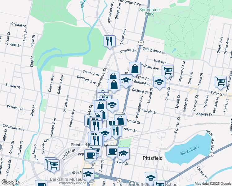 map of restaurants, bars, coffee shops, grocery stores, and more near 580 North Street in Pittsfield