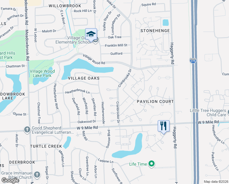 map of restaurants, bars, coffee shops, grocery stores, and more near 22883 Cranbrooke Drive in Novi