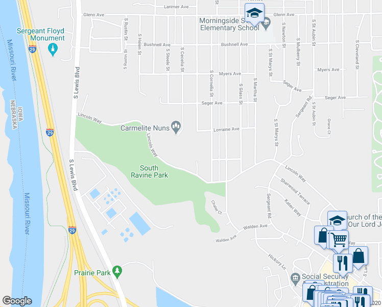 map of restaurants, bars, coffee shops, grocery stores, and more near 2929 South Paxton Street in Sioux City