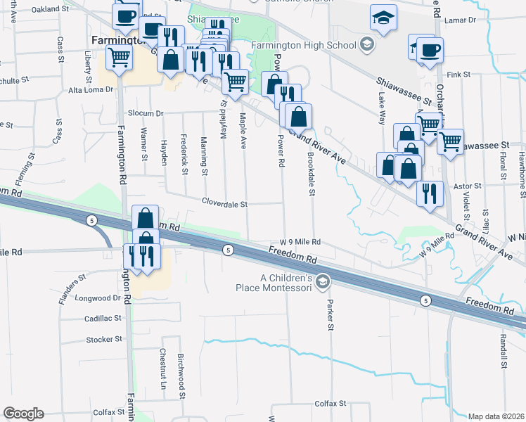 map of restaurants, bars, coffee shops, grocery stores, and more near 32412 Cloverdale Street in Farmington
