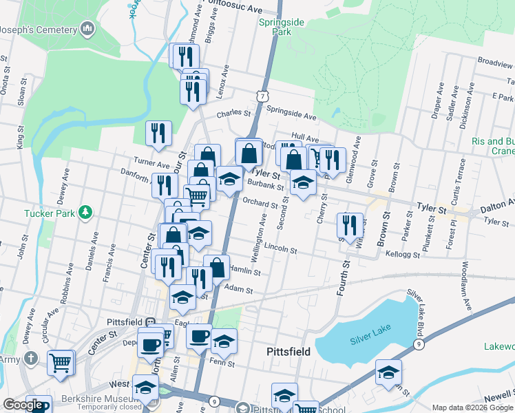 map of restaurants, bars, coffee shops, grocery stores, and more near 68 Orchard Street in Pittsfield