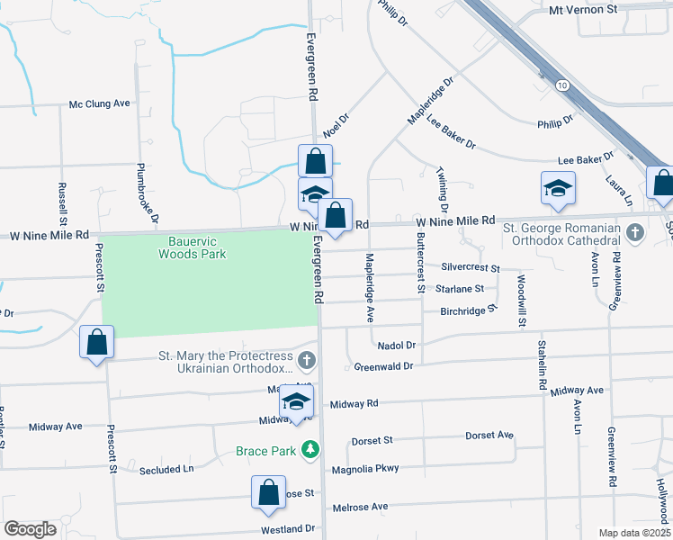 map of restaurants, bars, coffee shops, grocery stores, and more near 22930 Evergreen Road in Southfield