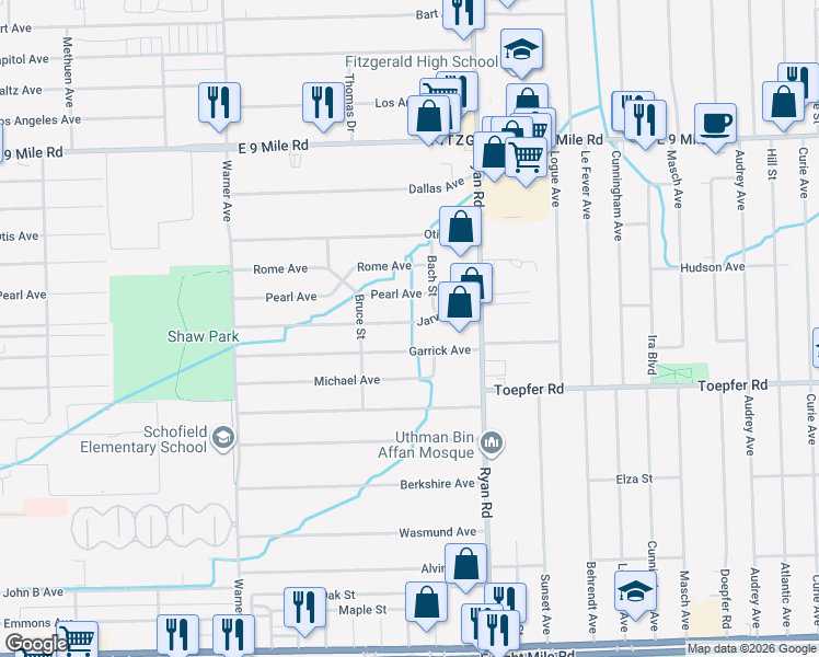 map of restaurants, bars, coffee shops, grocery stores, and more near 3808 Pearl Avenue in Warren