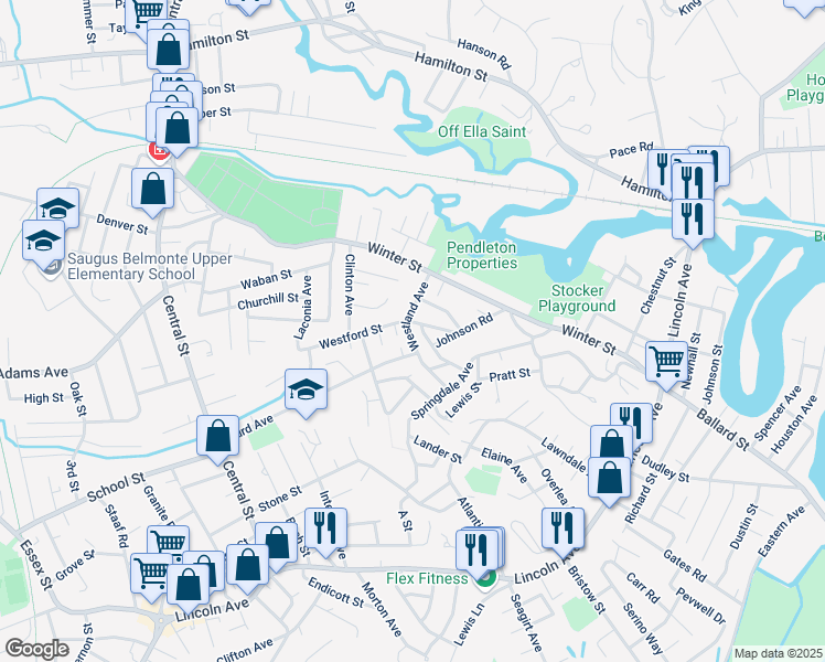 map of restaurants, bars, coffee shops, grocery stores, and more near 5 Montgomery Street in Saugus