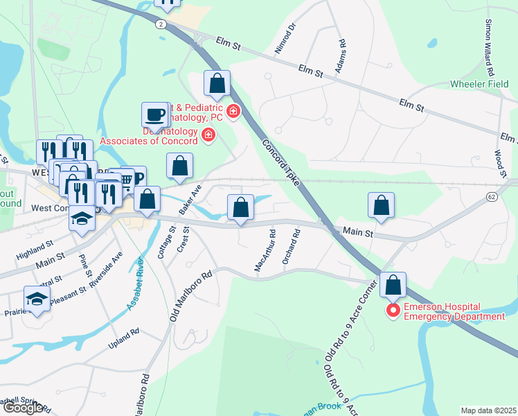 map of restaurants, bars, coffee shops, grocery stores, and more near 7 Concord Greene in Concord