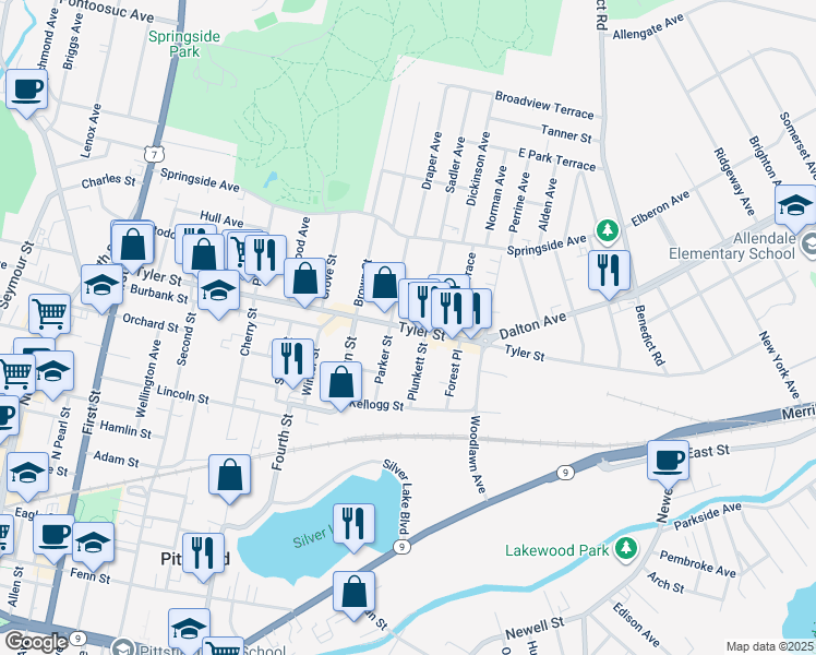 map of restaurants, bars, coffee shops, grocery stores, and more near 81 Parker Street in Pittsfield