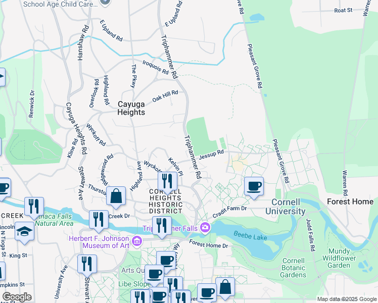 map of restaurants, bars, coffee shops, grocery stores, and more near 310 Triphammer Road in Ithaca