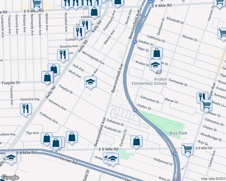map of restaurants, bars, coffee shops, grocery stores, and more near 19145 Ash Avenue in Eastpointe