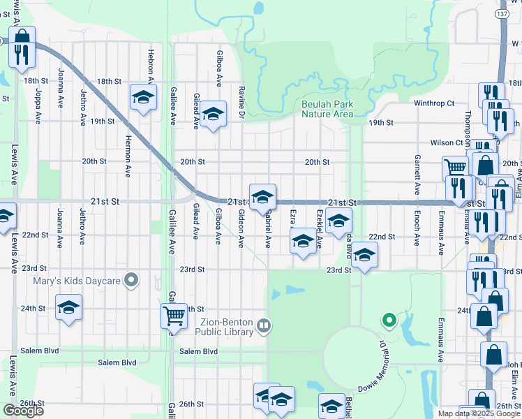 map of restaurants, bars, coffee shops, grocery stores, and more near 2041 Gideon Avenue in Zion