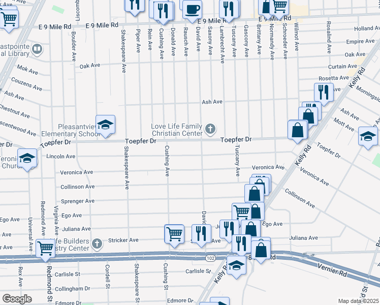map of restaurants, bars, coffee shops, grocery stores, and more near 17097 Lincoln Avenue in Eastpointe