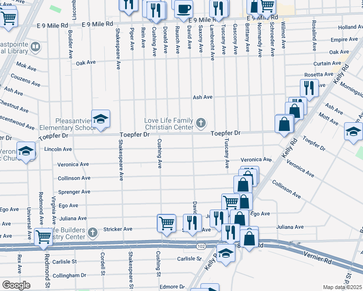 map of restaurants, bars, coffee shops, grocery stores, and more near 17206 Toepfer Drive in Eastpointe