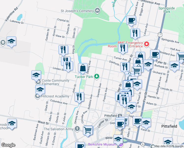 map of restaurants, bars, coffee shops, grocery stores, and more near 229 Robbins Avenue in Pittsfield