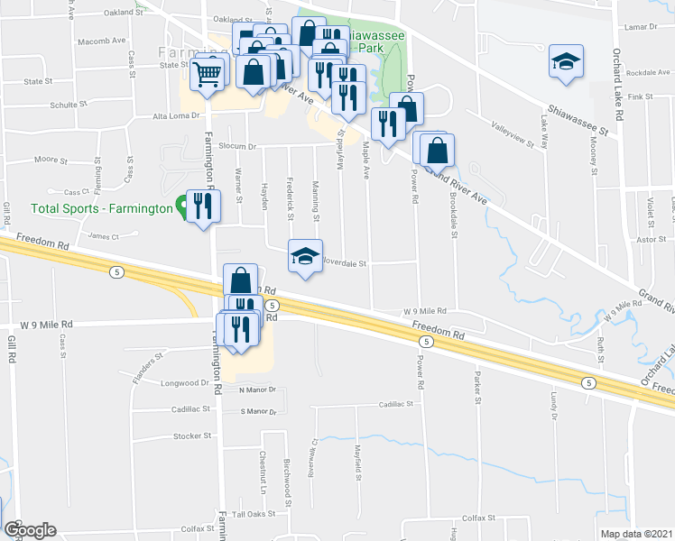 map of restaurants, bars, coffee shops, grocery stores, and more near 32725 Cloverdale Avenue in Farmington