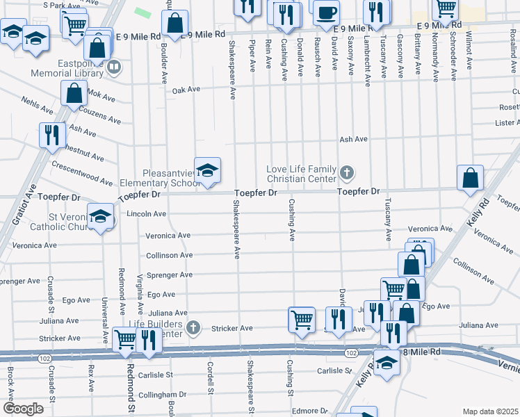map of restaurants, bars, coffee shops, grocery stores, and more near 16767 Lincoln Avenue in Eastpointe