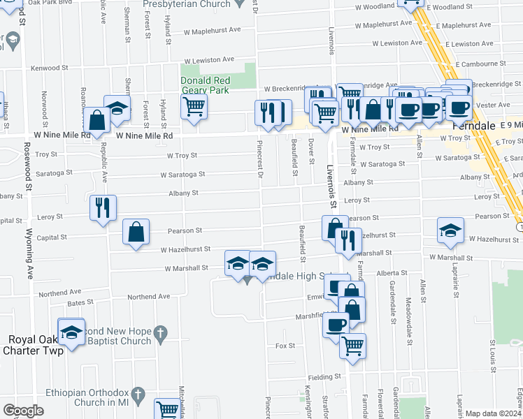 map of restaurants, bars, coffee shops, grocery stores, and more near Pinecrest Dr & Leroy St in Ferndale