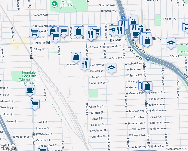 map of restaurants, bars, coffee shops, grocery stores, and more near 1783 College Street in Ferndale