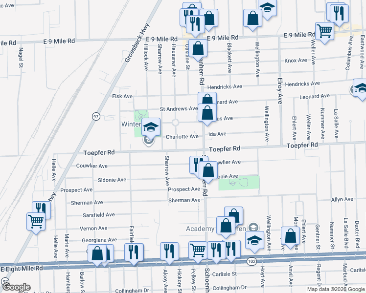 map of restaurants, bars, coffee shops, grocery stores, and more near 13453 Charlotte Avenue in Warren