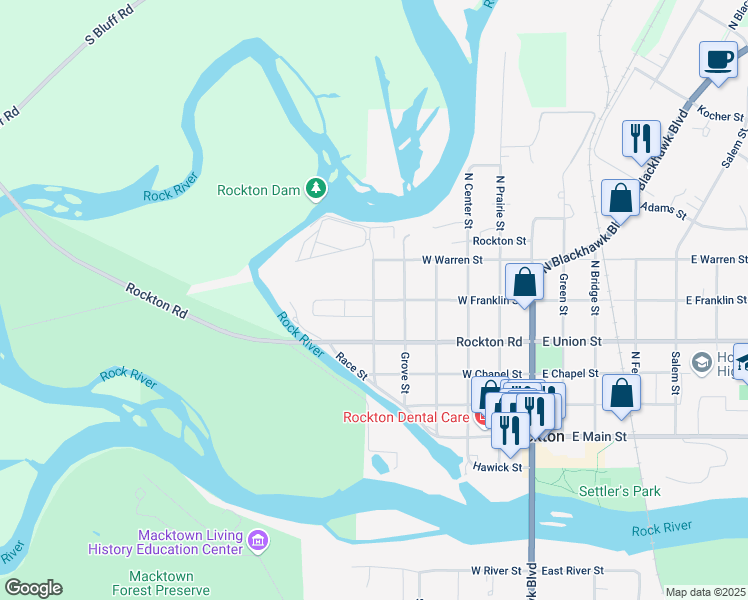 map of restaurants, bars, coffee shops, grocery stores, and more near Rockton Street in Rockton