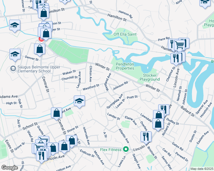 map of restaurants, bars, coffee shops, grocery stores, and more near 5 Montgomery Street in Saugus